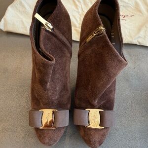 Salvatore Ferragamo Chocolate Brown Suede Ankle Boots. Size 6